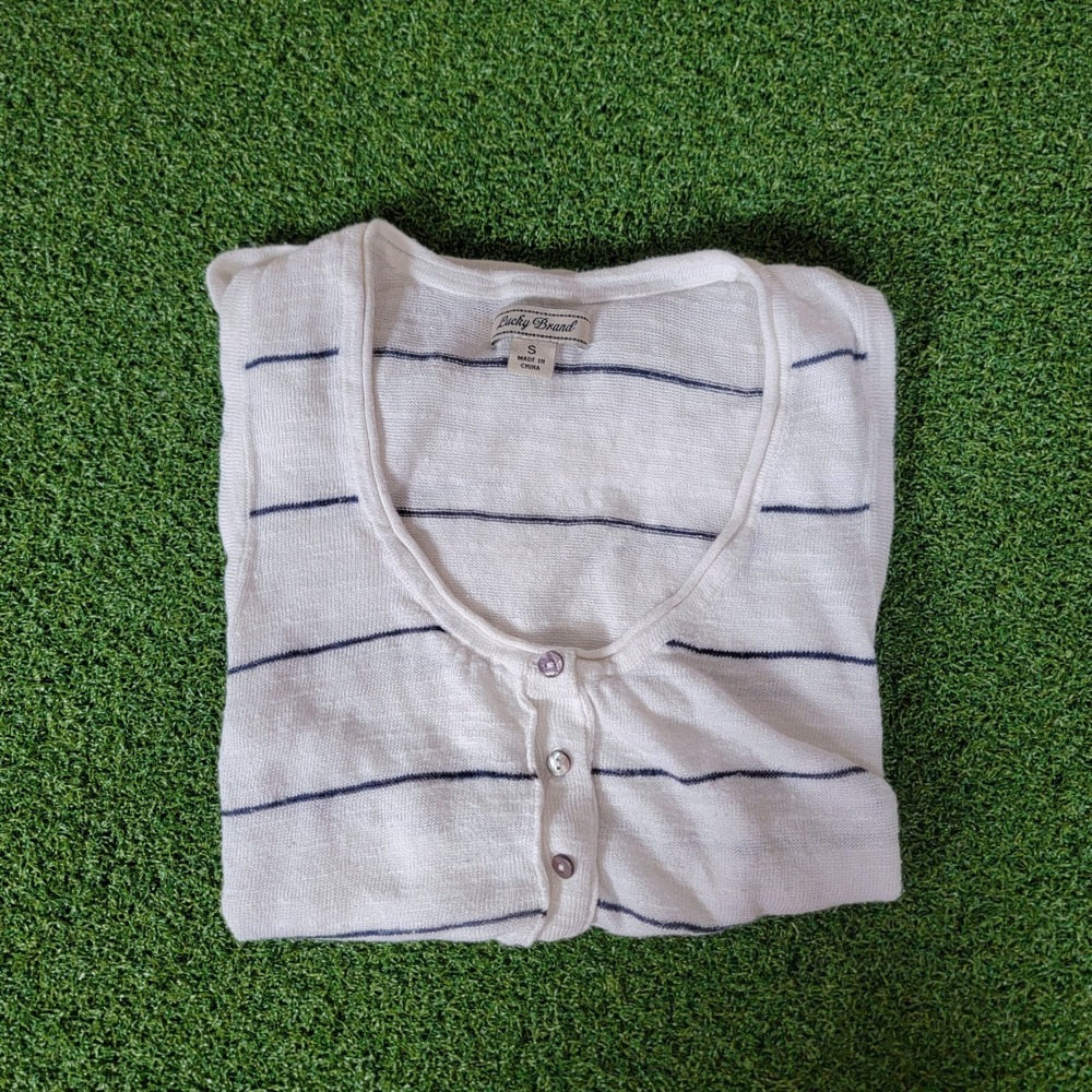 Lucky Brand‎ Striped Tank Top Button Sleeveless Casual White Blue Size S